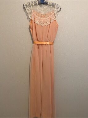 Vintage Dessy Creations peach maxi dress with lace neckline